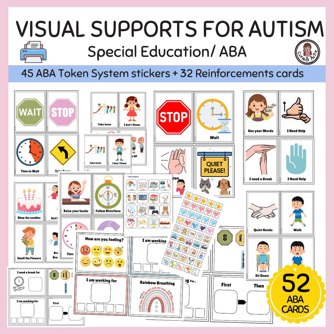 Visual support cards for autism ABA therapy including token system stickers and reinforcement cues to aid communication and behavior.
