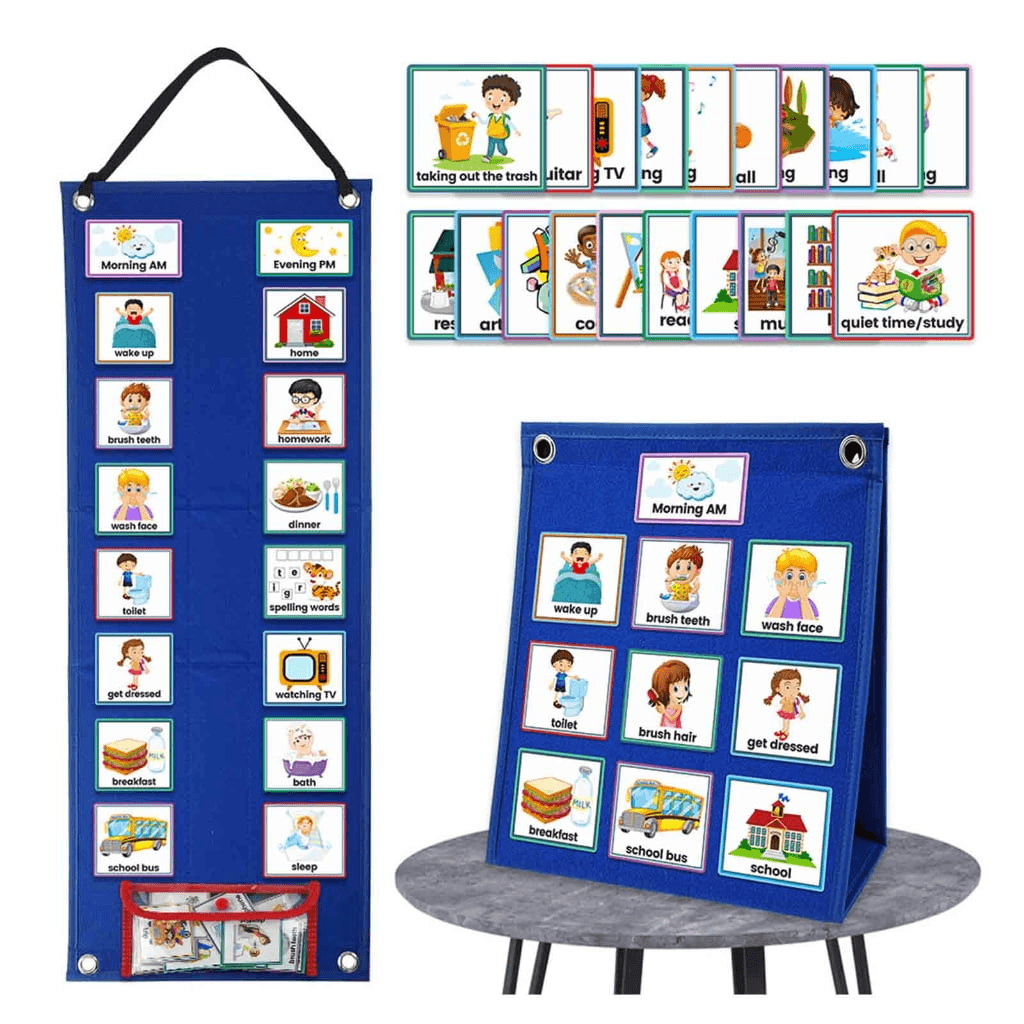 Visual schedule cards for children with autism showing daily morning and evening routines to support independence.