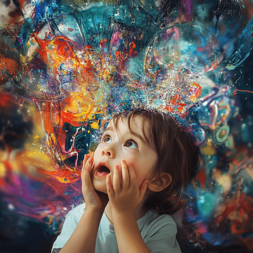 A child covers their ears amidst a vivid, abstract background symbolizing sensory overload and hypersensitivity related to autism.