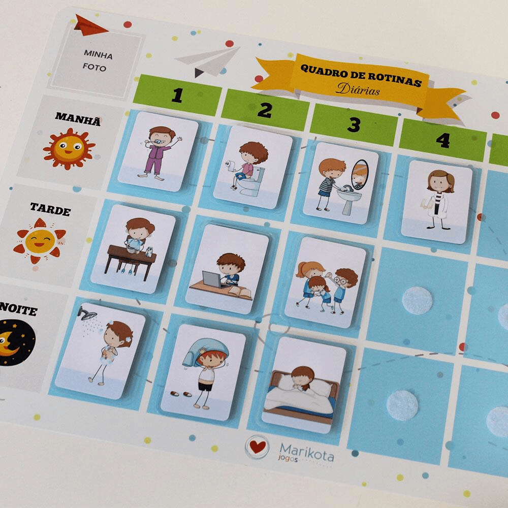 Daily routine chart with pictograms for morning, afternoon, and night activities to help children understand and follow their daily schedule.